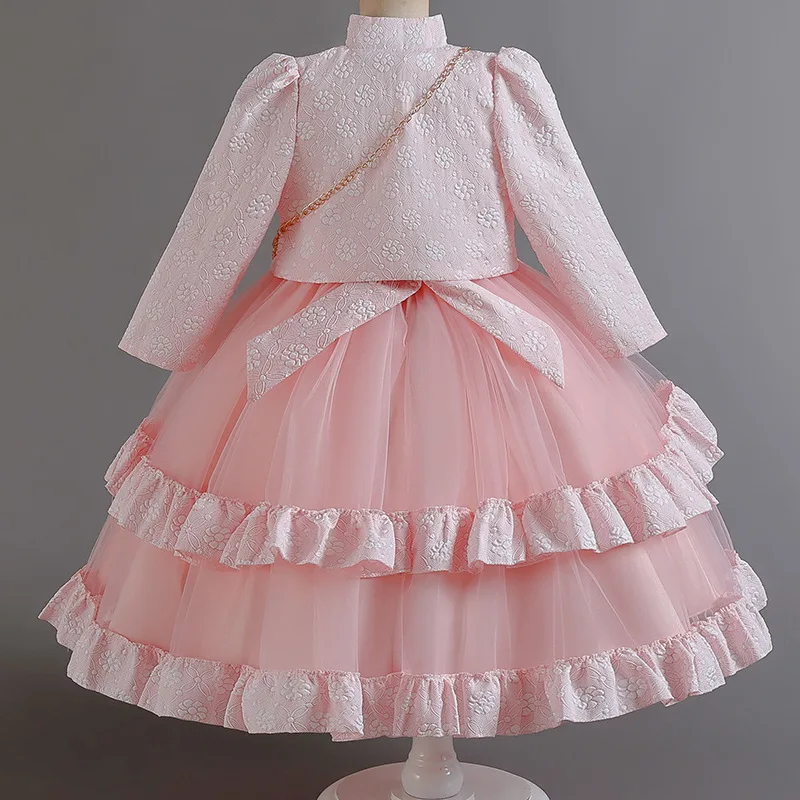 Jacquard Gown Long Sleeve Three-Piece Suit Children Party Dress With Jacket For Kids Wedding Performance Birthday Festival Gown