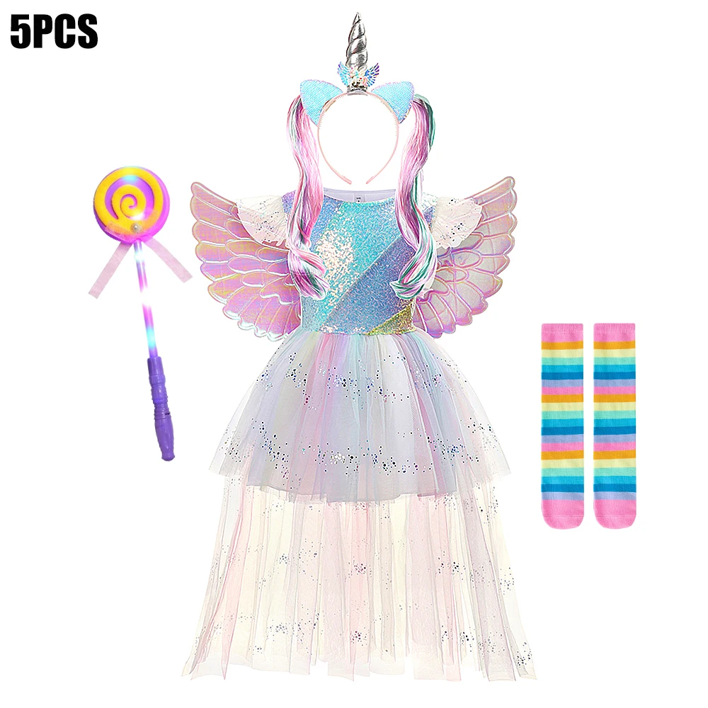 Vestito da tutù per unicorno per festa di compleanno per bambina, arcobaleno alto e basso, 3 pezzi, abiti da principessa di carnevale fantasia con fascia per capelli + ali