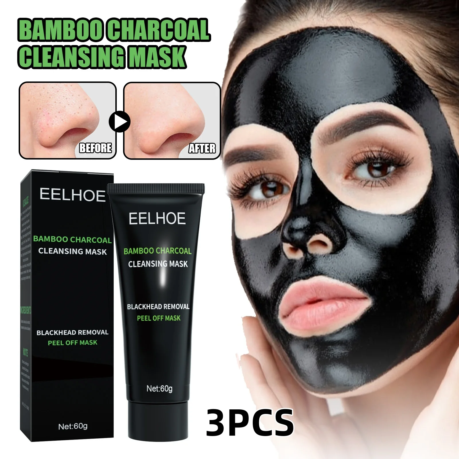 3Pcs Bamboo Charcoal Tearing Facial Mask Removing Blackheads, Purifying Pores, Firming The Skin, Suitable For Both Men And Women