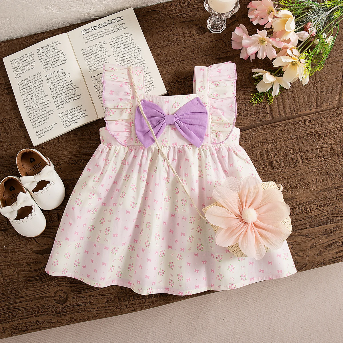 Baby Dresses Summer Cotton Bow Print Little Flying Sleeve Baby Girl Dress Cute Casual Beach Girl Clothing With Knitted Bag