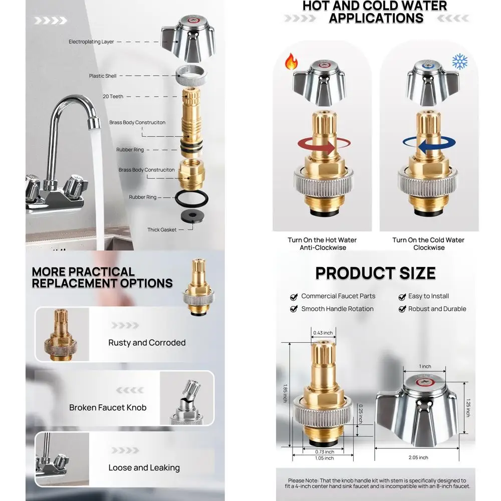 

4 Brass Replacement Stem Assembly for Faucet Handles - Hot and Cold Valve Kit for Kitchen & Bathroom