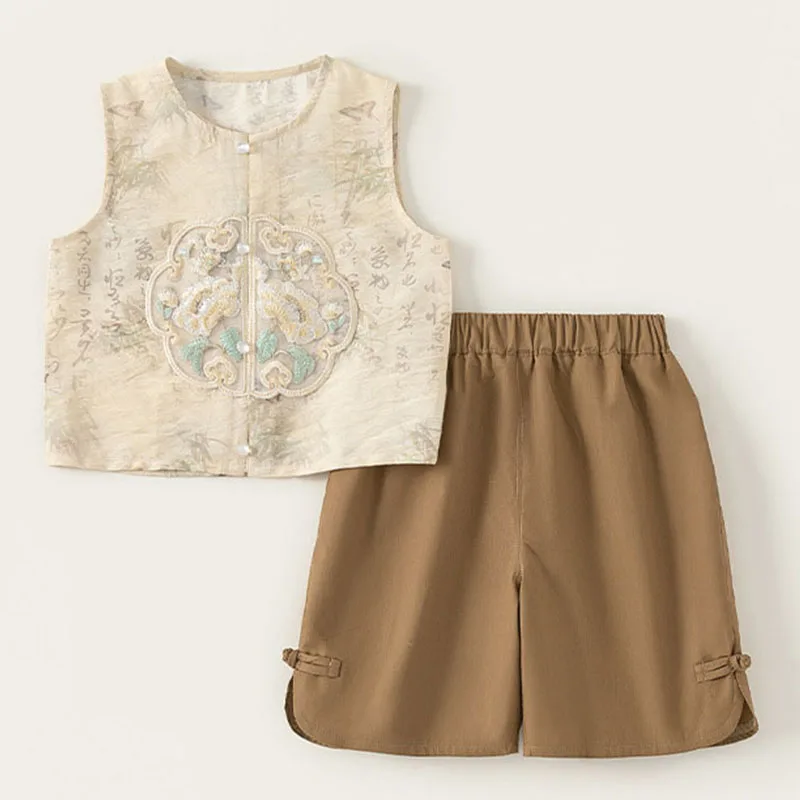 

2Piece Summer Boys Outfit Set Fashion Chinese Style Print Embroidery Sleeveless Cotton Tops+Shorts Boutique Kids Clothing B182