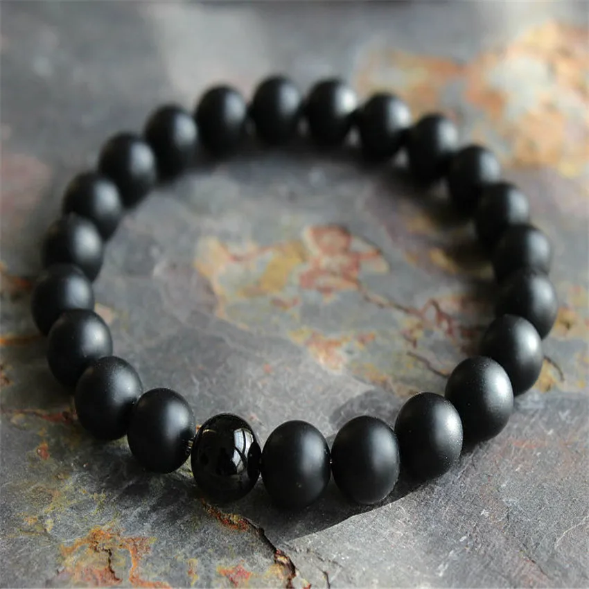 

8mm Frosted Black Agate Gemstone Mala Bracelet 7.5inches Men Men's Artisan Handmade Link Trendy Prayer