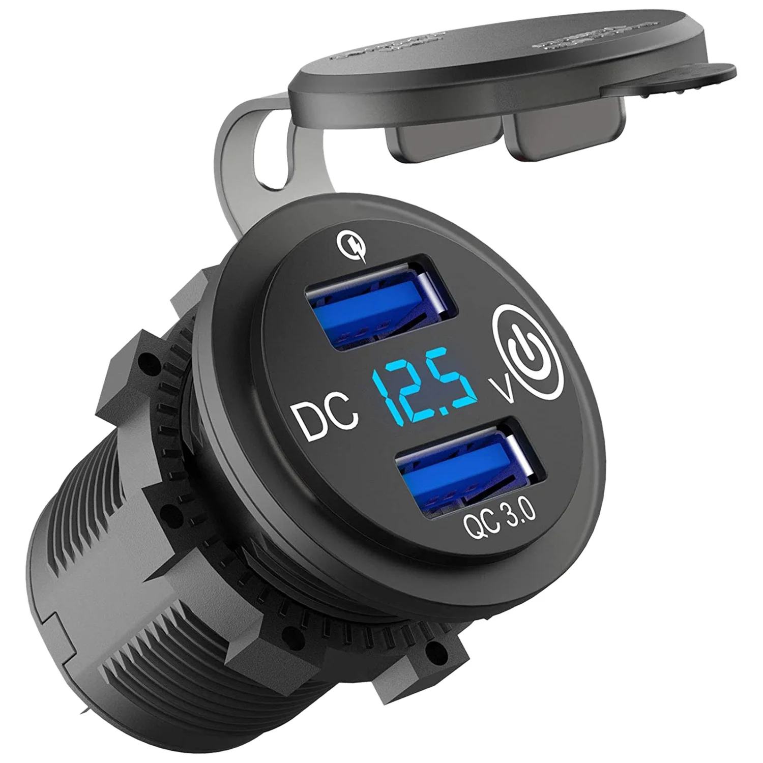 12V USB Outlet, Quick Charge 3.0 Dual USB Car Charger with Contact Switch and Voltmeter for 12V/24V Motorcycle Car Truck