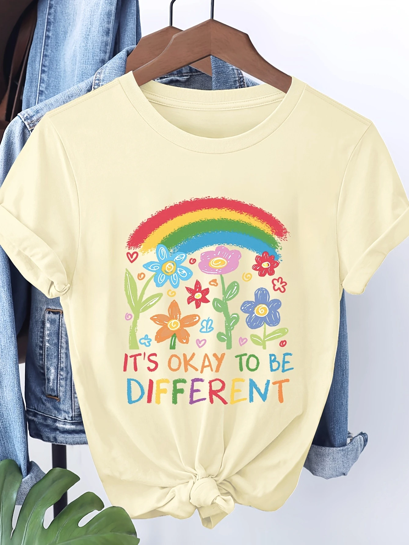 Women's Short Sleeve Stylish Tee Rainbow Floral Graphic 