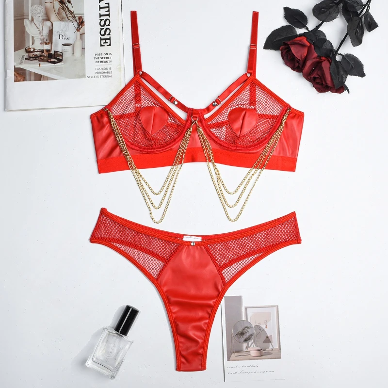PU Leather Metal Chain Plaid Heart Lingerie Set for Women Cosplay Party Costume Accessory
