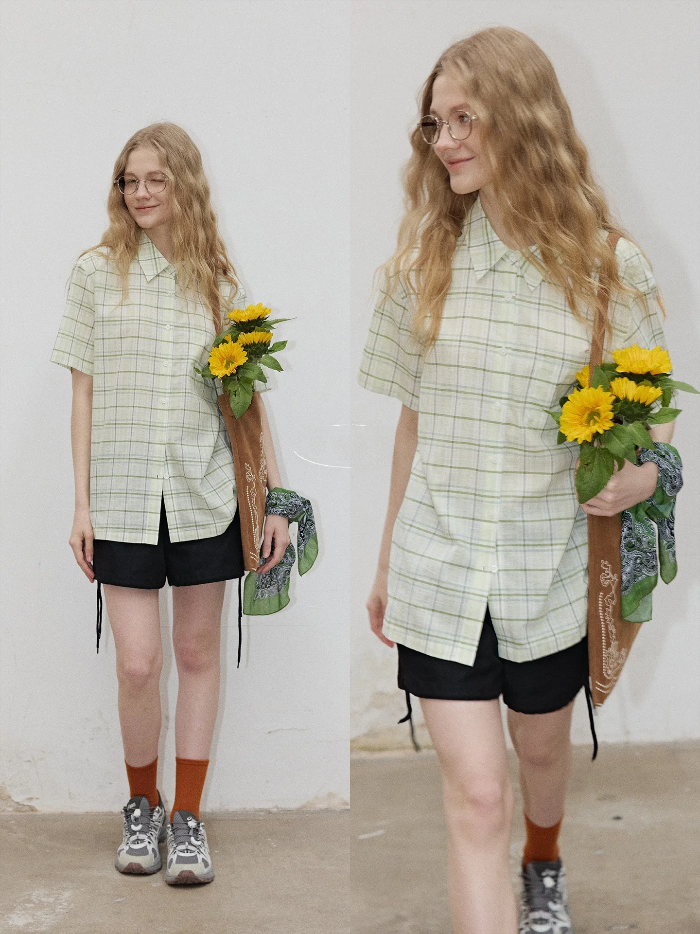 

BMLT Mint Milk Green 2026 Summer New Short Sleeve Plaid Women's Shirt Green Turn-down Collar Loose Top Breathable Casua...