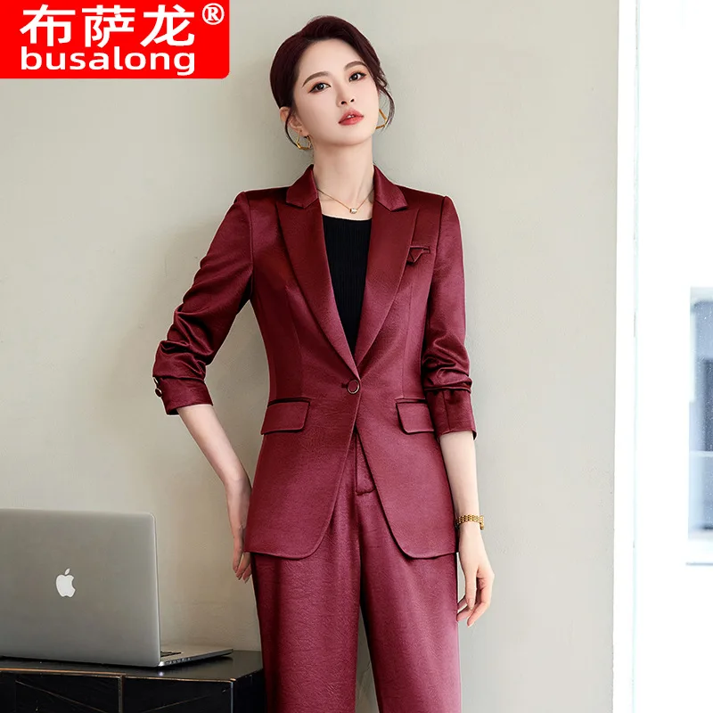 

2025Spring Red Professional High-End Suit Set for Women, Casual Fashion Wide-Leg Pants, High-End Two-Piece Suit