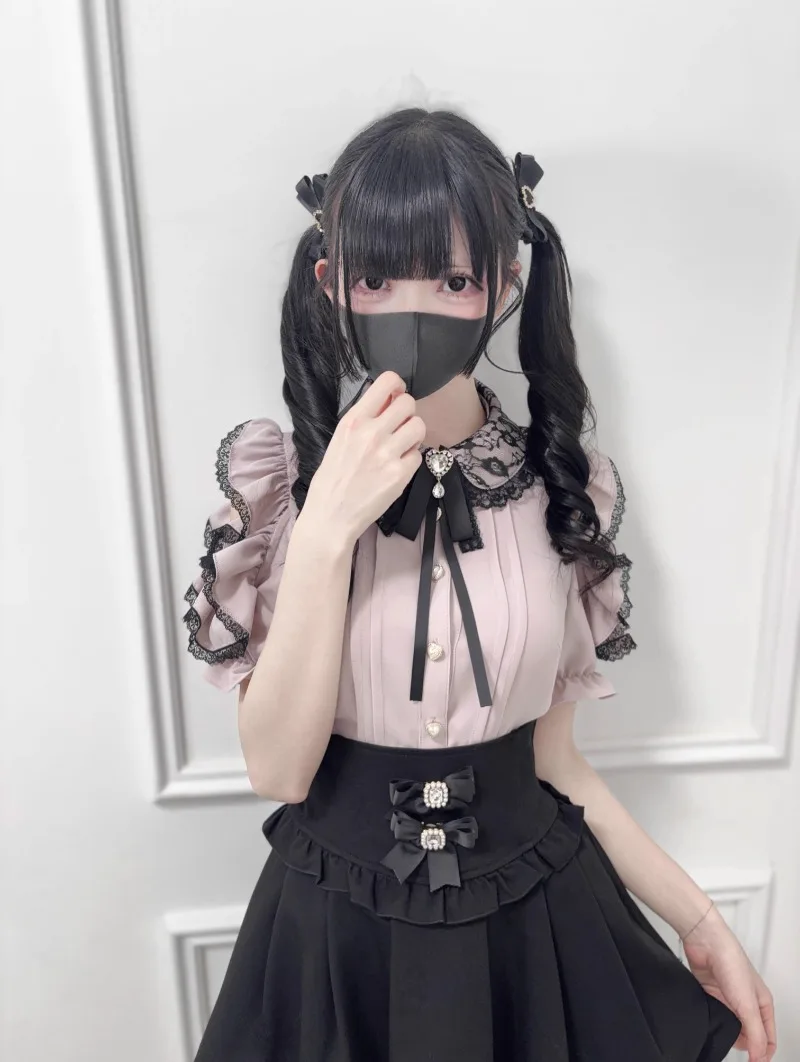 Lolita Off-the-shoulder Lace Bow-embellished Short-sleeved Top Blouse Mass-produced Mine Series Single-breasted Shirt For Women