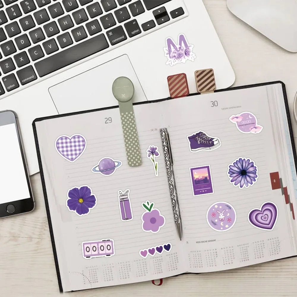60pcs Purple Aesthetic Small Fresh Cartoon Graffiti Stickers DIY Laptops Water Bottles Phones Decorative Stickers Perfect Gifts