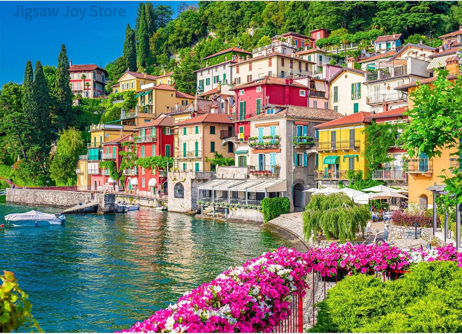 quebra-cabeca-de-arte-cidade-de-lago-na-italia-festa-de-animais-no-inverno-em-aurora-casa-de-livros-com-cogumelos-magicos-oficina-do-papai-noel-500-2000-pecas