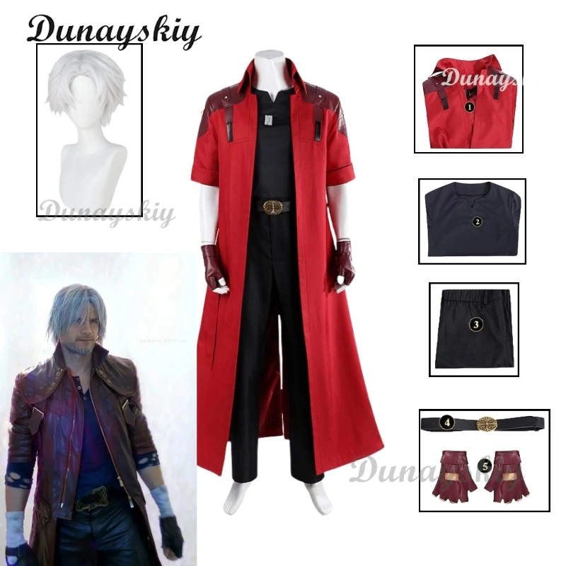 ชุดคอสเพลย์แดเน็ตจากอนิเมะ Devil May Cry พร้อมวิกผมสีขาว เสื้อโค้ทสีแดง ชุดยูนิฟอร์มสำหรับผู้ชาย ถุงมือ ชุดสำหรับงานปาร์ตี้และเล่นบทบาทสมมติ รับสั่งตัดตามแบบ