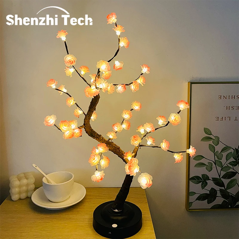 LED Tree Light, Pink Flower Table Lamps, Battery/USB Powered Artificial Flower Bonsai Tree Lamp,for Gifts Room Office Party Deco