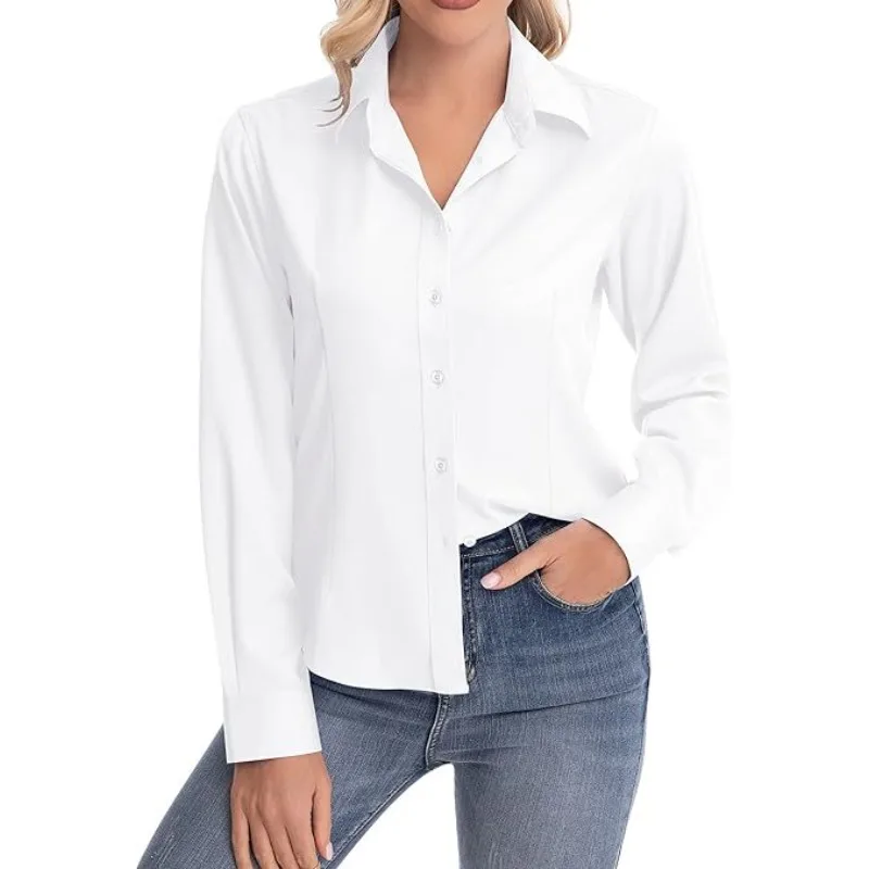 Women's Fitted Solid Color Shirt Lapel Long Sleeve Button Down Slim Blouse Multi Colors Women' S Clothes for Office Daily Wear