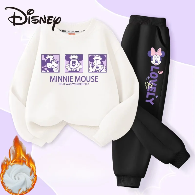 Winter Baby Girl Clothes Set Kid Boy Disney Minnie Sweatshirts Pullover & Pants 2pcs Suit Children Long Sleeve Plush Warm Suit