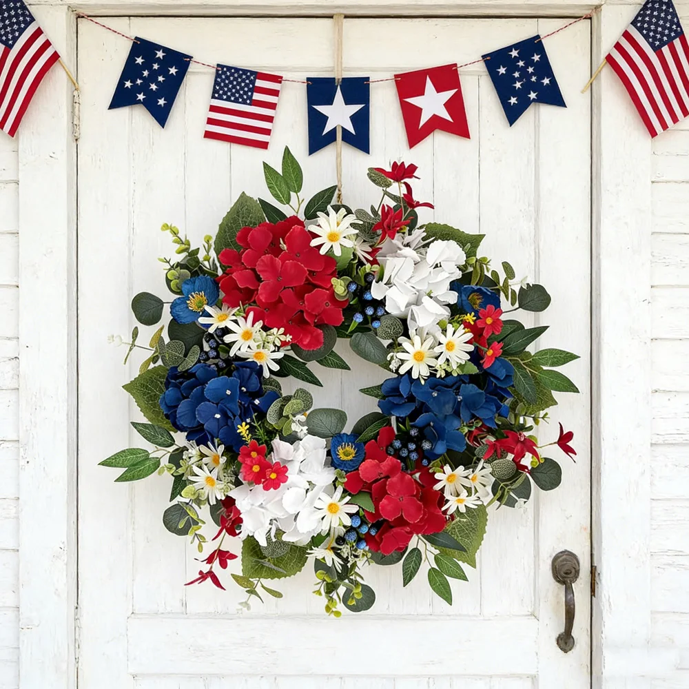 

American Independence Day Decor Floral Wreath Artificial Folwer Plant Green Leaves Garlands Door Window Wall Festive Home Decor