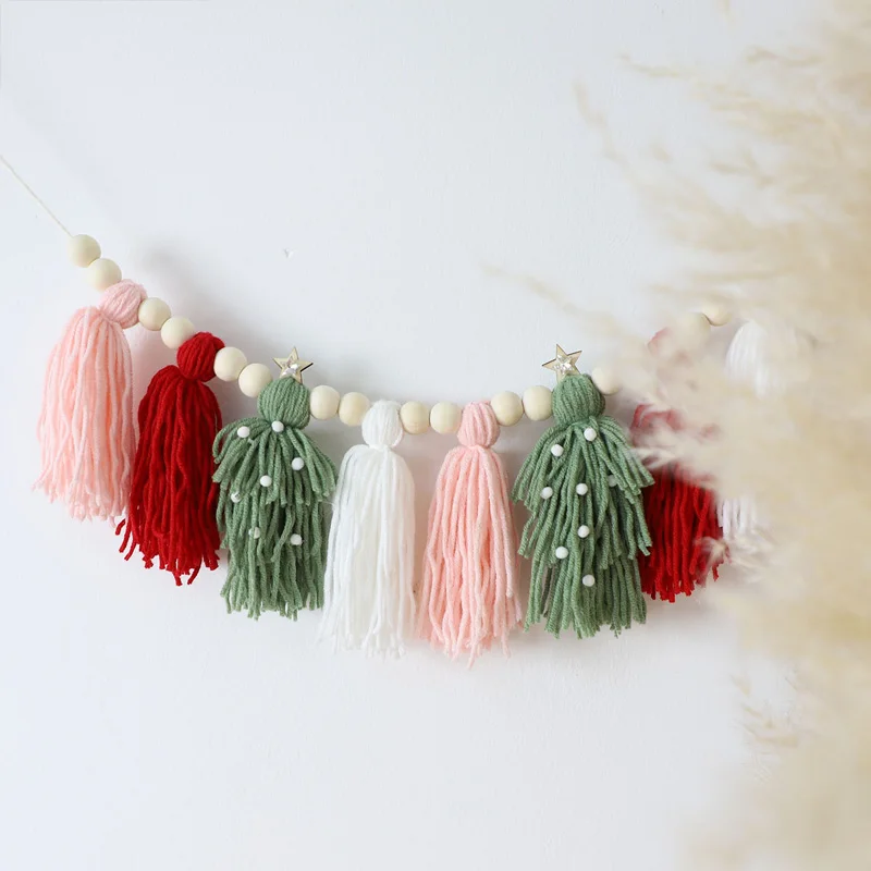 1Pc Christmas Banner Woolen Yarn Tassel Bunting Wooden Highchair Decoration New Year Photoprop Anniversary Supplies