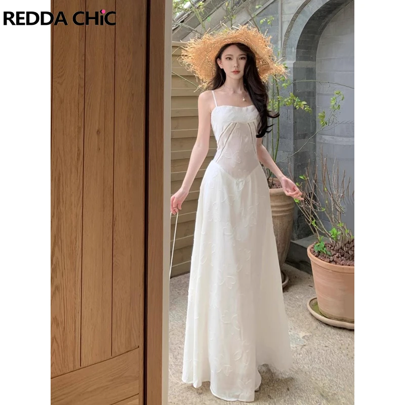 REDDACHiC Hollow Textured Women Summer Dress Embroidered Floral Spaghetti Straps Fit and Flare Maxi Dress Wedding Party Gown