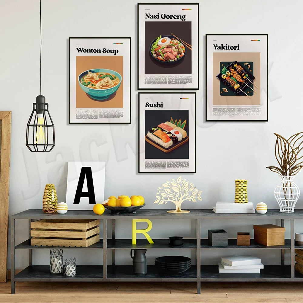 Japanese Sushi Bento, Yakitori Japanese Food, Wonton Soup Chinese Food, Nasi Goreng Indonesian Food Poster, Kitchen Decoration