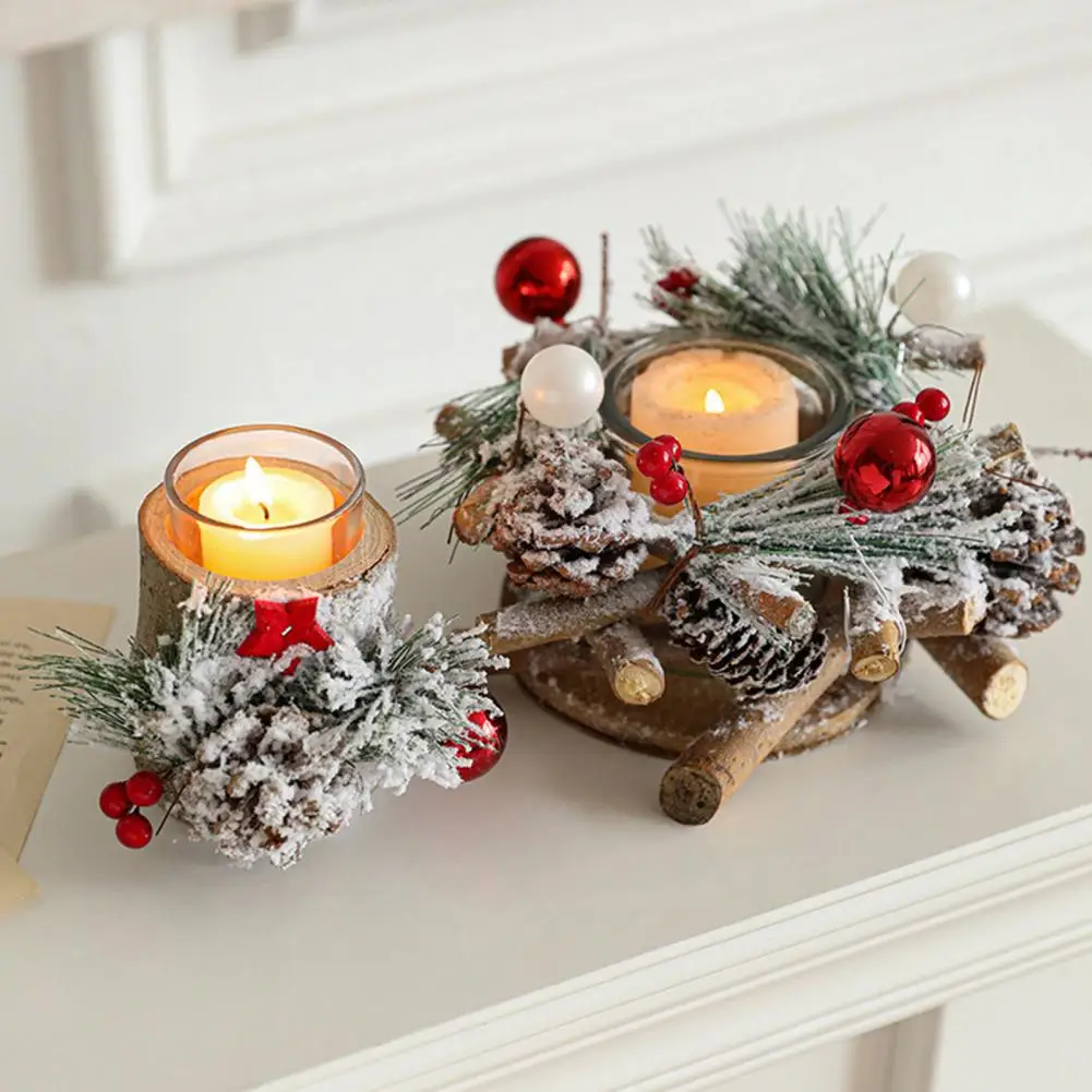 Christmas Candle Holder Snow-covered Artificial Pinecone Berry Tealight Holder Rustic Holiday Candle Holder for Home Party Decor