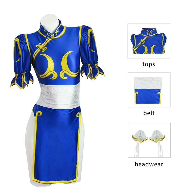 

Chun Li Cosplay Dress Costume Game SF Chunli Role Play Blue Qipao Outfit Full Set Jackie Kung fu Halloween Party Suit For Fun