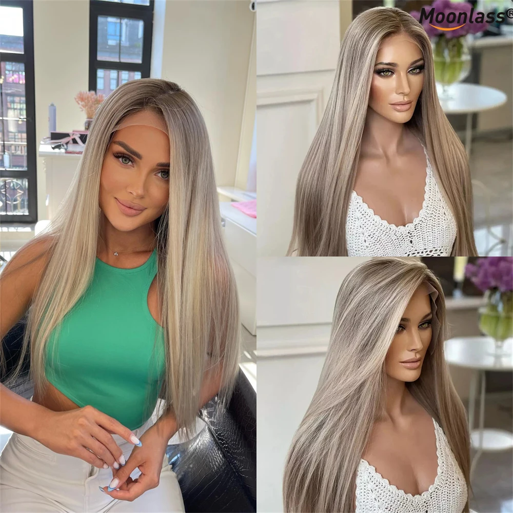 180% Density Highlight Ash Blonde Wig Human Hair 13x4 Breathable Lace Front Human Hair Wigs Balayage Pre Plucked Wigs For Party