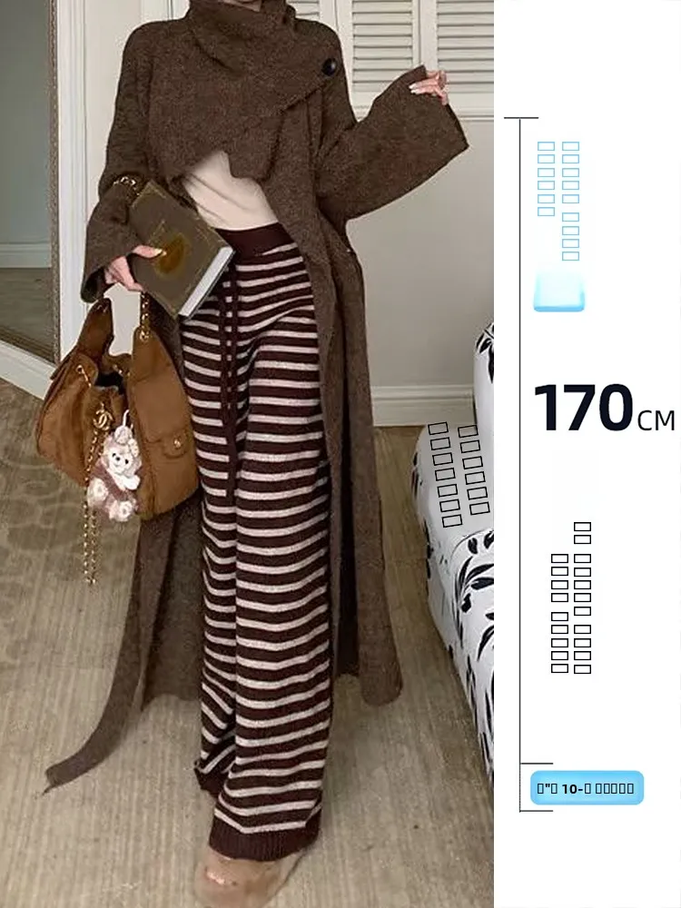 

Утепленные вязаные брюки с высокой талией в полоску, женские, осенне-зимние, длинные, повседневные, прямые, в корейском стиле
