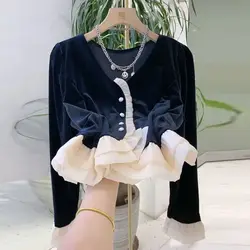 Golden Velvet French Court Style Shirt for Women with a Niche Design and Temperament Showing a Slim and Fragrant Style Top Trend