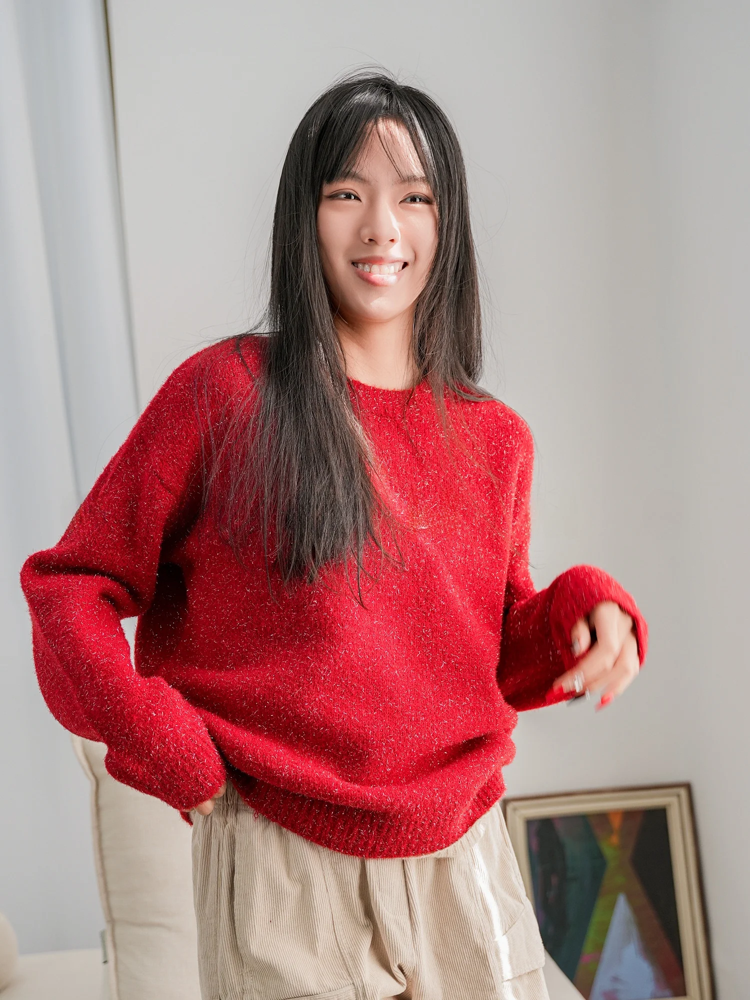 

Ele Red Loose Knitted Sweater Women's Spring 2024 Faion New Year Lazy Sle Long Sve round Ne Pullover Woolen Top