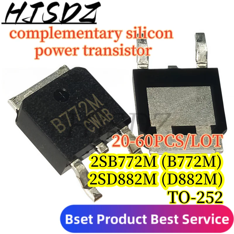 【20-60PCS/LOT】 New 2SD882M D882M  2SB772M B772M TO-252 40V3A NPN PNP complementary silicon power transistor