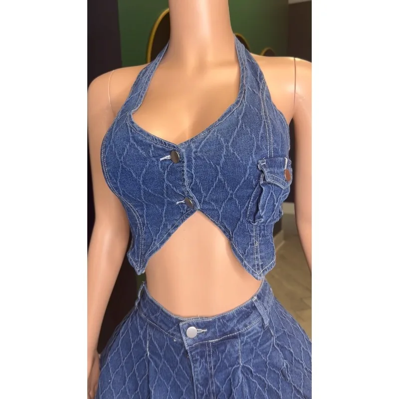 Imagem -06 - Conjunto de Peças Denim Cargo Feminino Camisola de Alças sem Mangas Mini Shorts Saias Streetwear Sexy Fatos de Treino de Festa Verão 2023