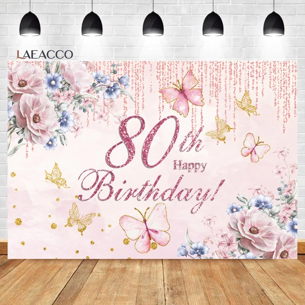 Laeacco Butterfly Birthday Backdrop Pink Flower Butterfly Happy 80th Birthday Party Decor Women Portrait Photography Background