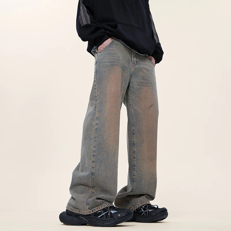 

Men's Denim Pants Old Blue Washed Male Jeans Straight Casual Menwear Loose Wide Leg Trousers Summer New Fashion