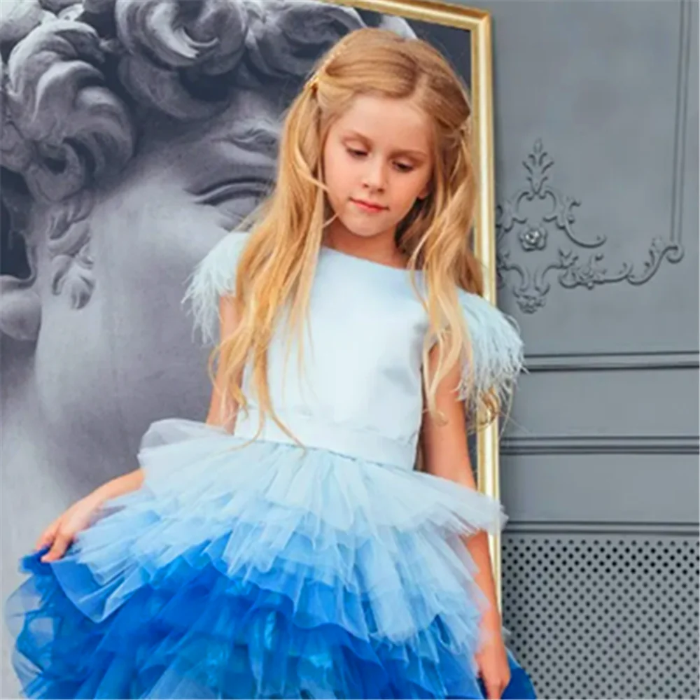 Gorgeous Tulle Lace Printed Feather Flower Girl Dress Princess Ball First Communion Dresses Kids Surprise Birthday Present