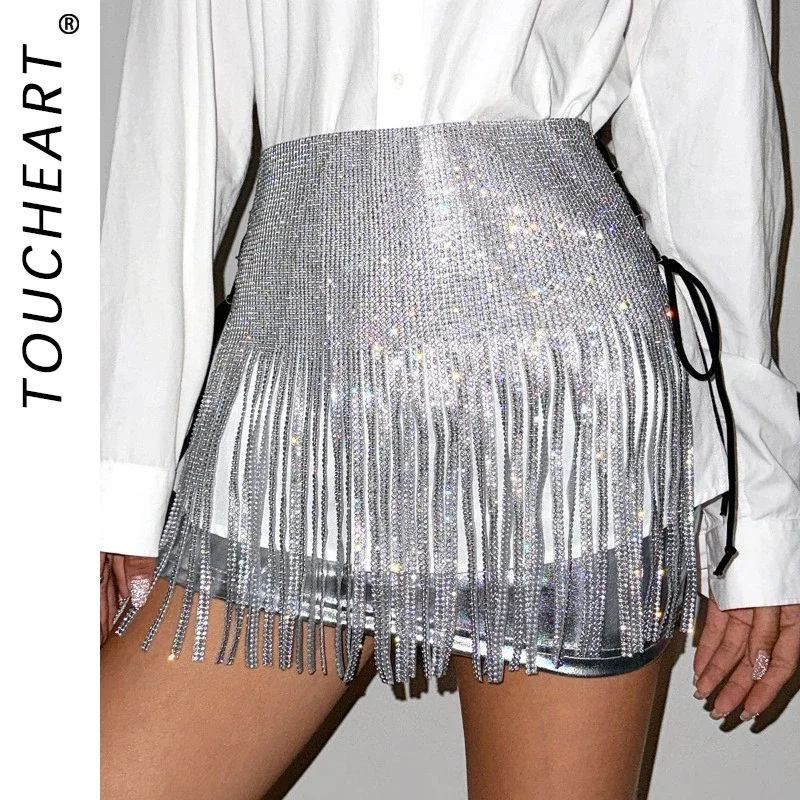 

Toucheart Sexy Uniform Cool Women's Tassel Sparkling Diamond Strap Skirt Hot Girl Sexy Rhinestone Skirt For Women Uniform Lure