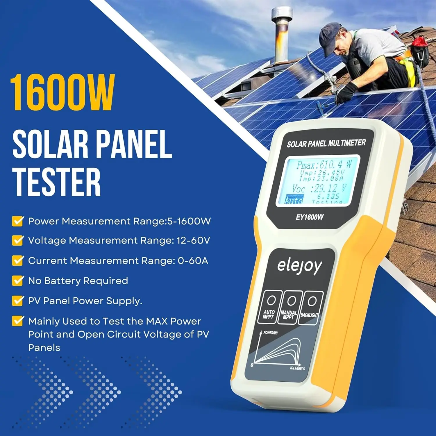 EY1600W Solar Panel Tester, Solar DC/AC Power Meter, Photovoltaic Panel Multimeter, Open Circuit Voltage Auto & Manual MPPT