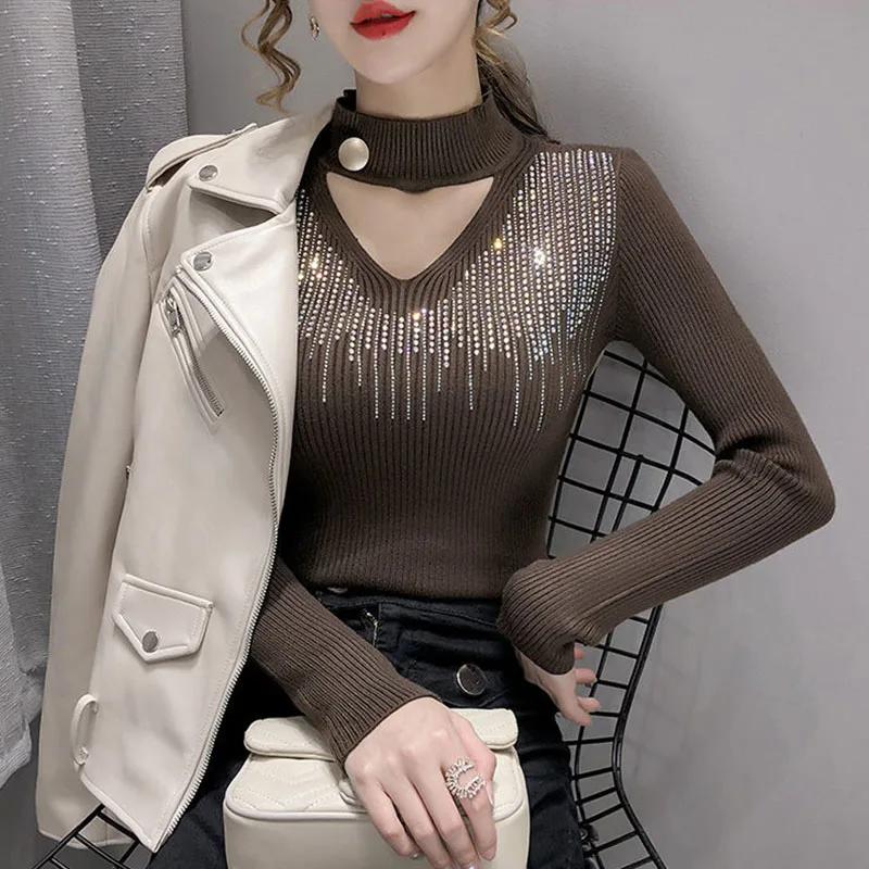 

Women Clothing Fashion V-neck Pullover Autumn Winter Solid Diamonds All-match Knitwear Office Lady Comfortable Hollow Out Top