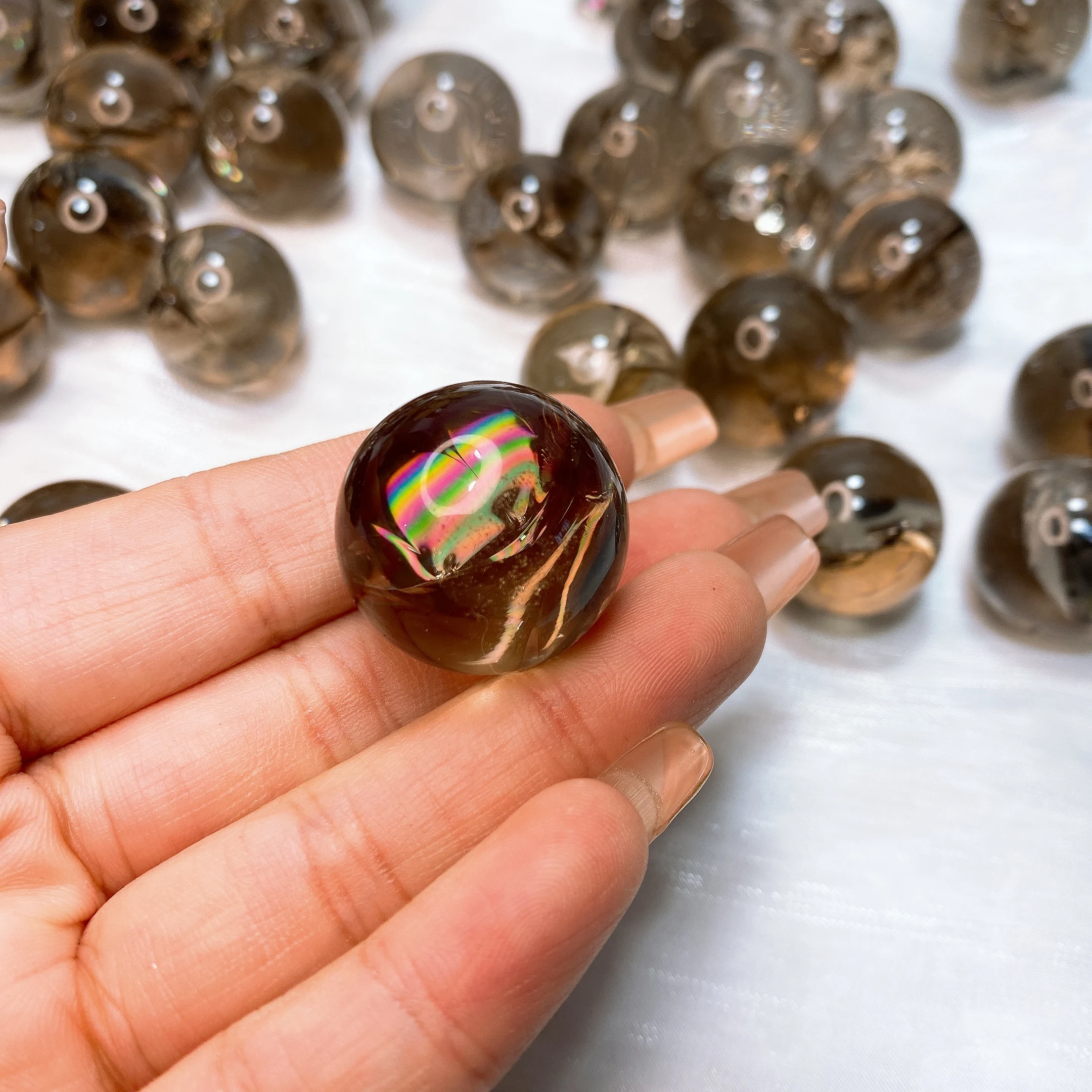 23MM Natural Rainbow Smoky Quartz Sphere Mini Ball Crystal Stone Energy Reiki Healing Office Home Decoration Gift