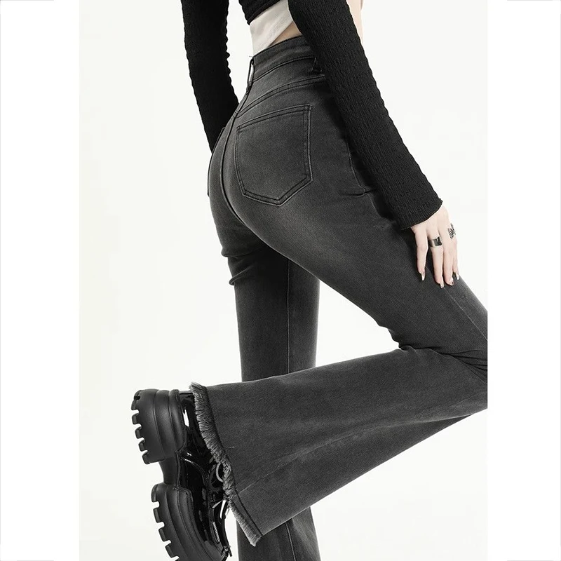 2025 رائجة البيع الإناث عالية الخصر سليم صالح رقيقة الجينز سيدة الصلبة جرس أسفل السراويل الفتيات شيك موضة ممزق سراويل جينز #5