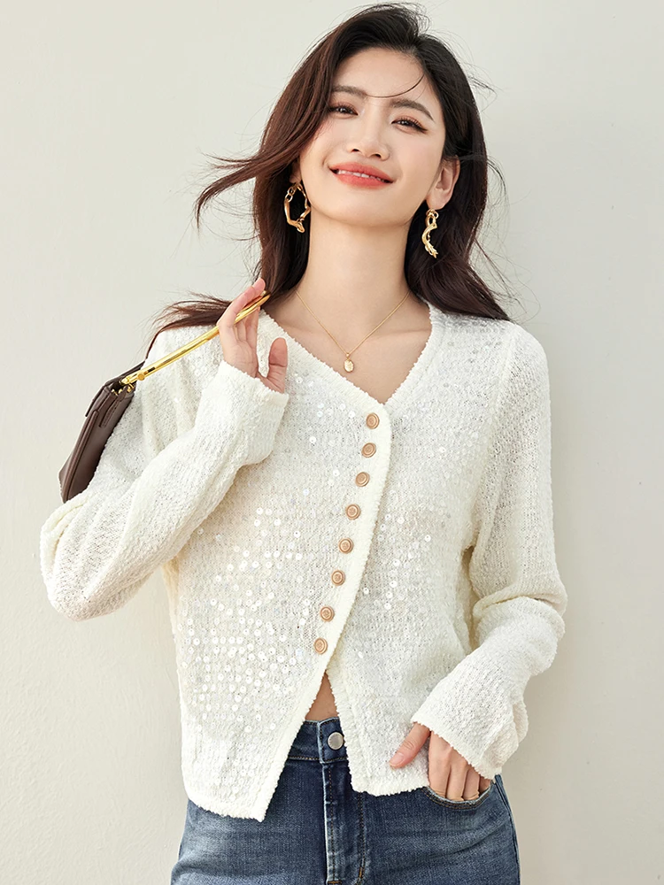 Fashion Sequin Knitted Cardigan 2024 Autumn New Irregular Design V-neck Button Loose Casual Cardigan Long Sleeved Sweater