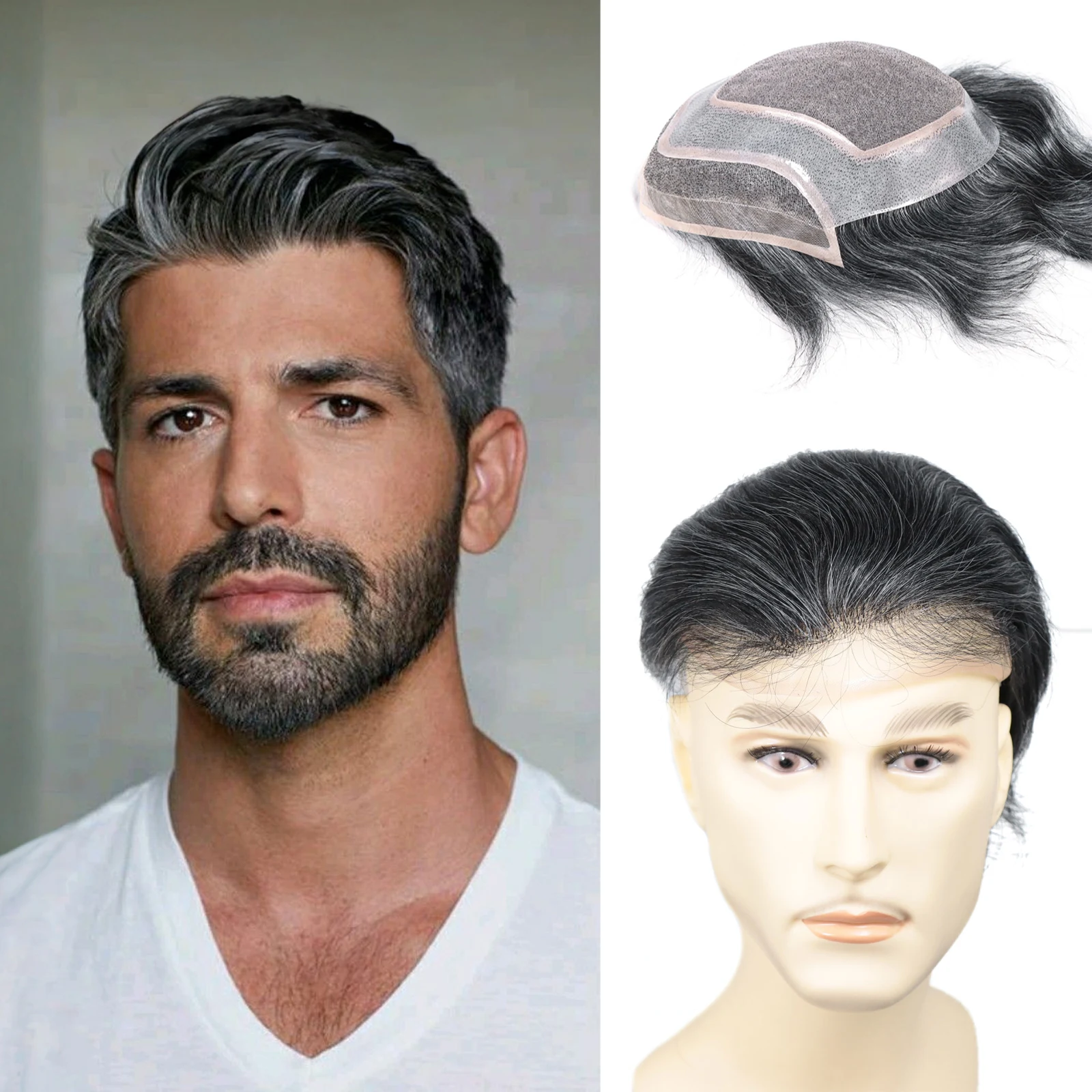 نظام الشعر المستعار للرجال 1B10/1B20/1B50 رمادي مع الدانتيل الأمامي وقاعدة PU أحادية رجل شعر مستعار 8x10 وحدة استبدال الشعر البشري #1