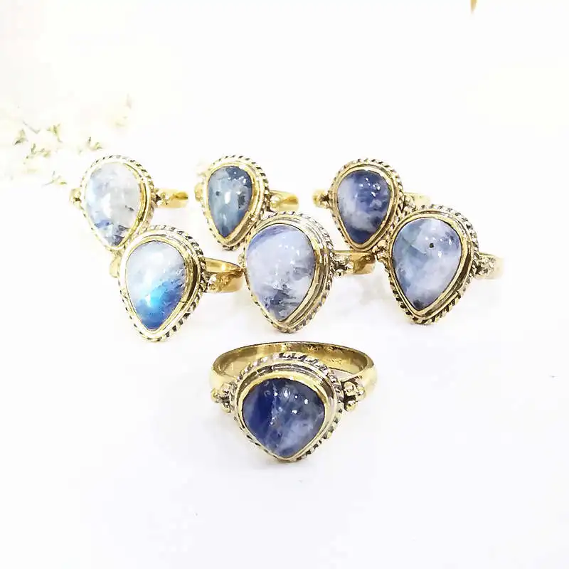 Natural Stone Rings Brass Inlaid Heart Moonstone Lovely Vintage Rings for Lady From Nepal R019