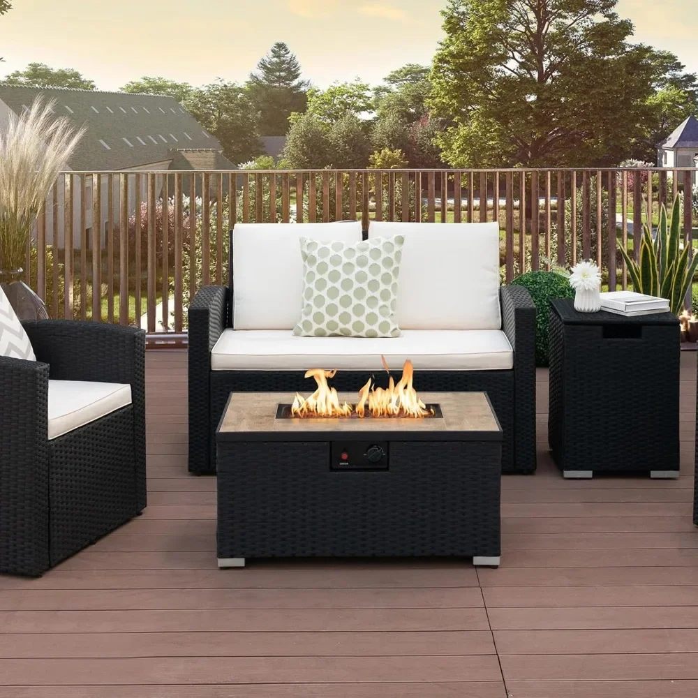 2pieces outdoor propane fire pit table with Hideaway propane tank holder,rattan wicker fire pit table with lava,waterproof cover