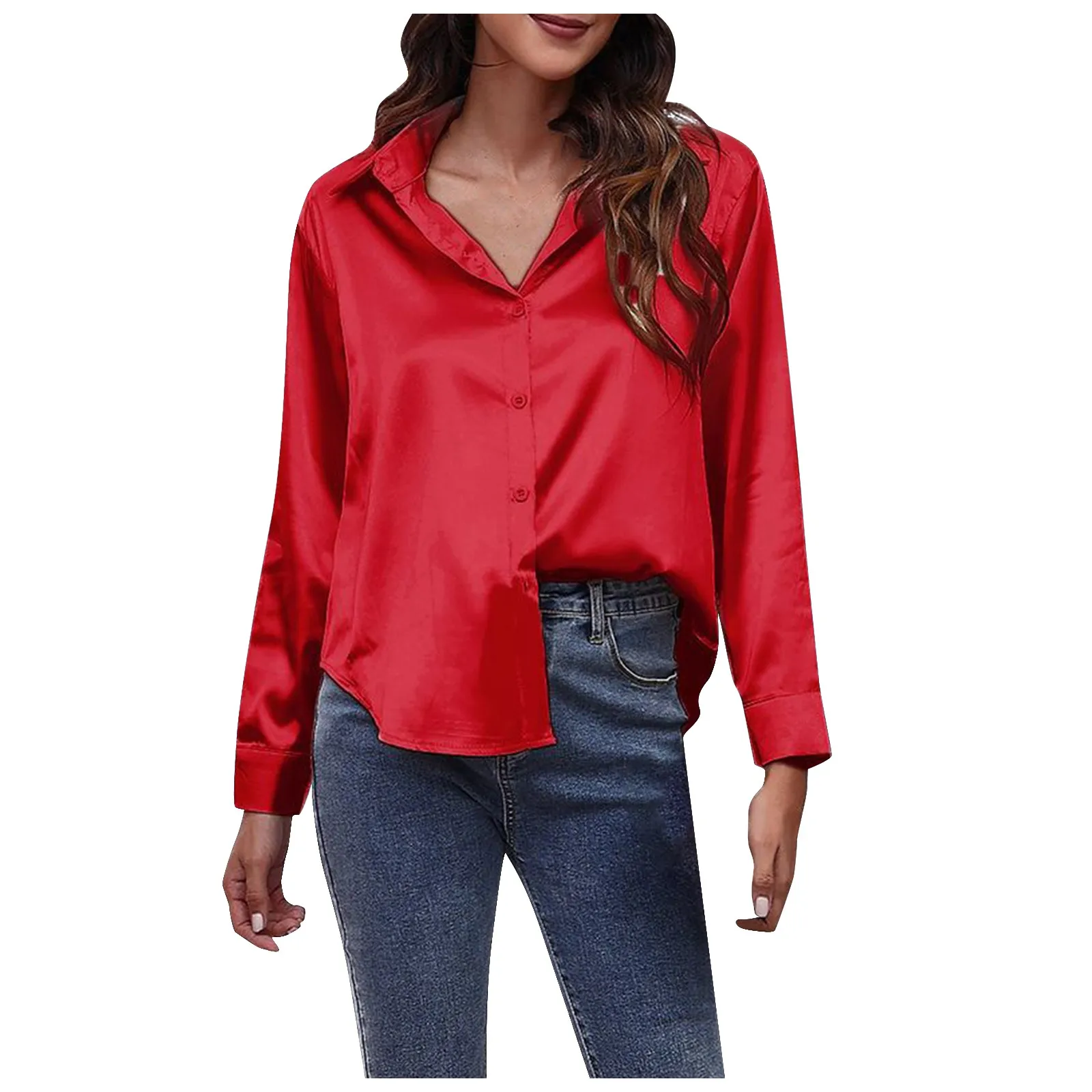 Fashion Solid Color Long Sleeved V-Neck Satin Imitation Silk Shirts For Women High Street Breathless Daily Chemise Femme Chic