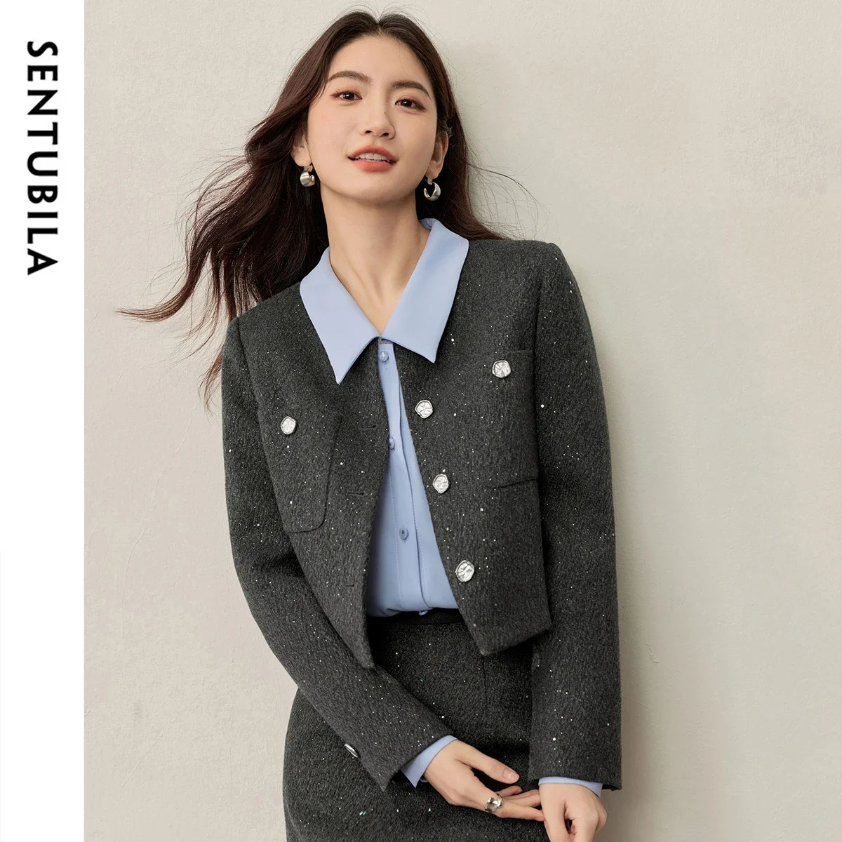 

SENTUBILA куртка для женщин, осень 2022, модная шерстяная верхняя одежда Xiaoxiangfeng с круглым вырезом и блестками, свободные топы с длинными рукавами 153WA2012