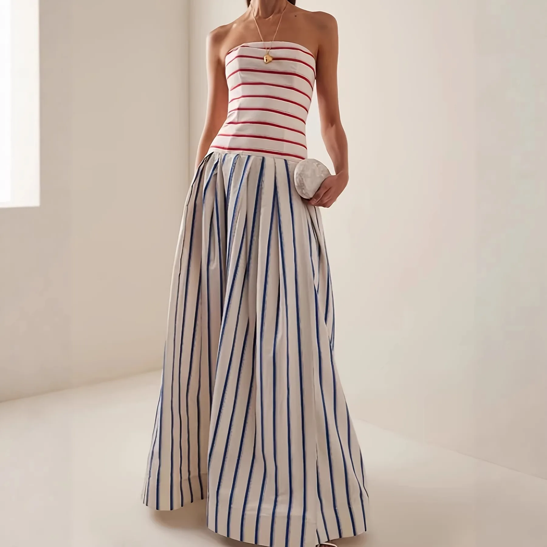 

Chest Wrap Contrast Color Dress SexyOff The Shoulder Strapless High Waist Party Dress Summer New Backless Vacation Beach Dress