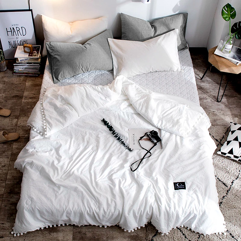 Edredón de aire acondicionado de Color sólido, manta fina con pompones blancos pequeños, ropa de cama de muchos colores, verano, gratis, # s
