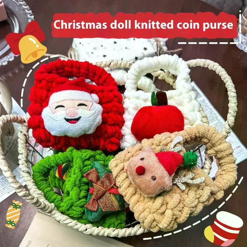 

Cute Cartoon Christmas Woven Wallet Plush Purse Santa Claus Key Pendant Bag Earphone Bag Storage Bag Christmas Change Purse
