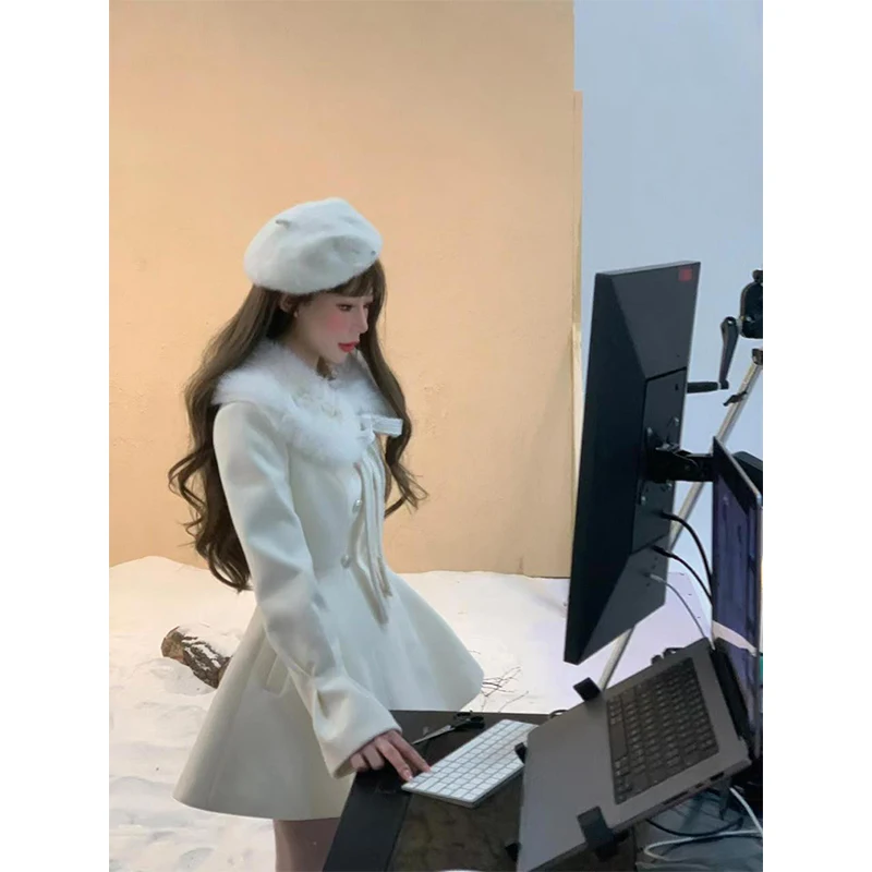 Kawaii Boog Mini Jurk Vrouwen Mode Nepbont Patchwork Jurken Herfst Winter Koreaanse Elegante Lange Mouw Ontwerp Bodycon Vestidos