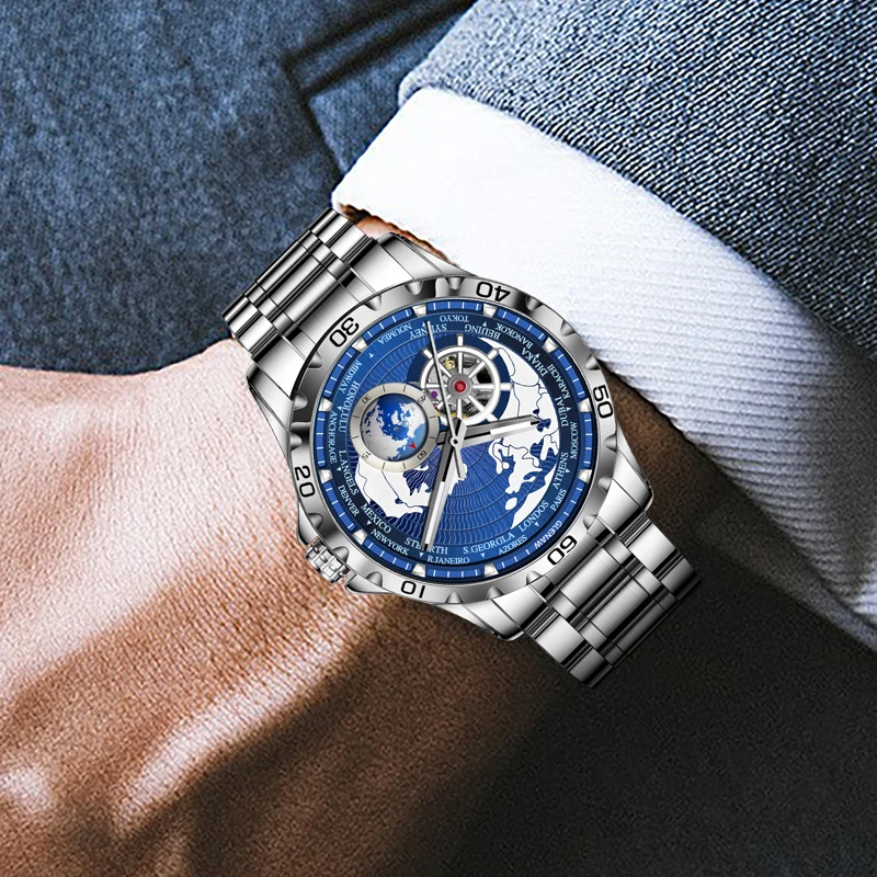 2025 New GLENAW Earth Series Mechanical Watch Men Rotating Earth Dial Night Light Waterproof Top Luxury Design Mechanical Watch